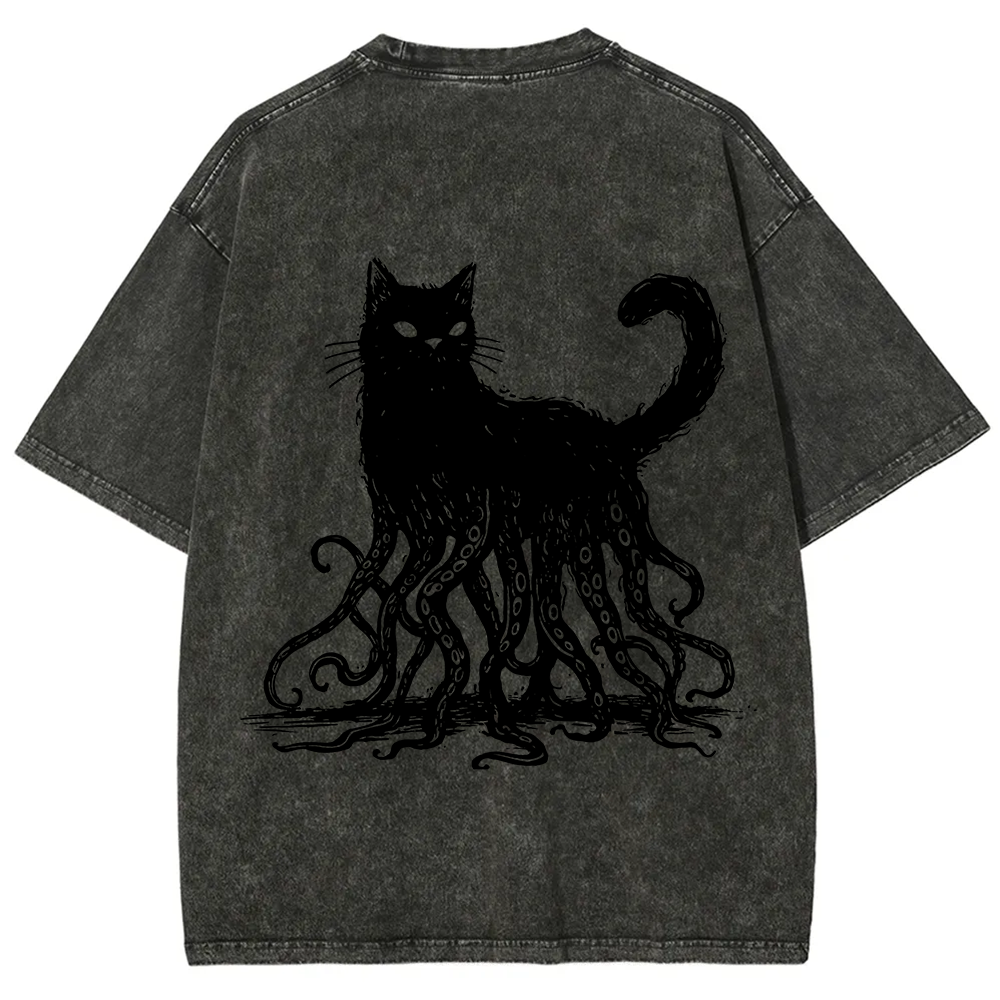 Unisex Vintage Washed Octopus And Black Cat Print T-Shirt