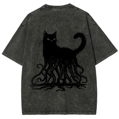 Unisex Vintage Washed Octopus And Black Cat Print T-Shirt