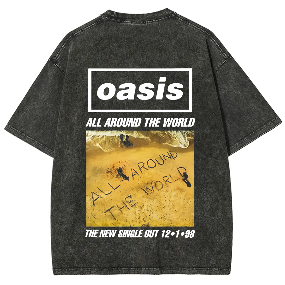 Unisex Vintage Washed Oasis Band All Around the World  t-Shirt