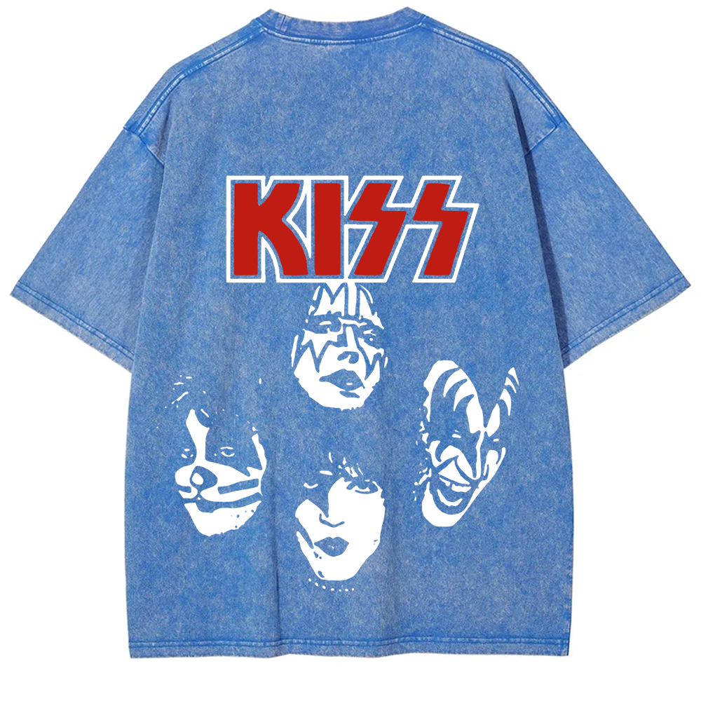 Unisex washed Kiss Rock Heavy Metal Band T-shirt
