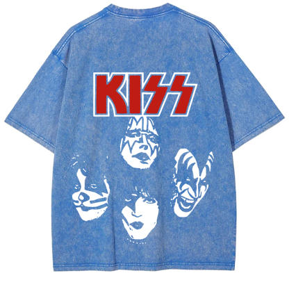 Unisex washed Kiss Rock Heavy Metal Band T-shirt