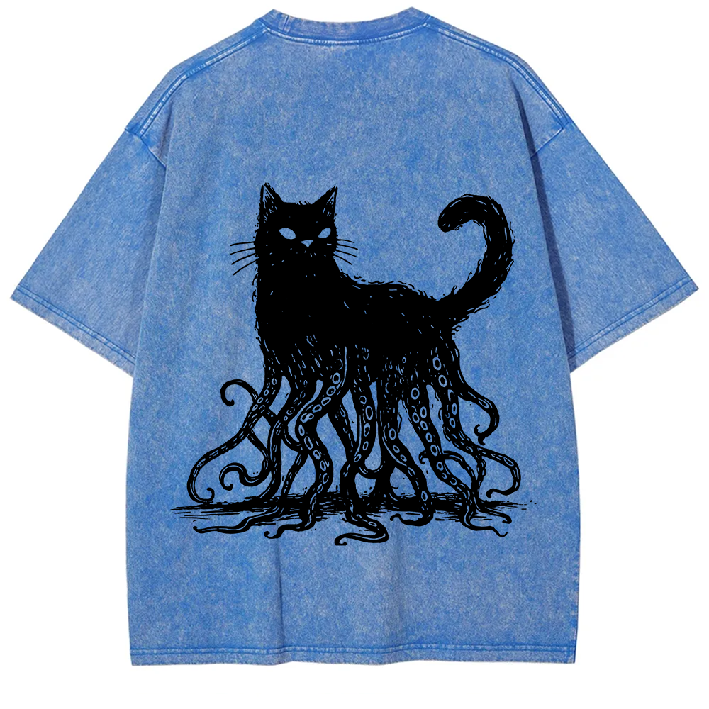 Unisex Vintage Washed Octopus And Black Cat Print T-Shirt