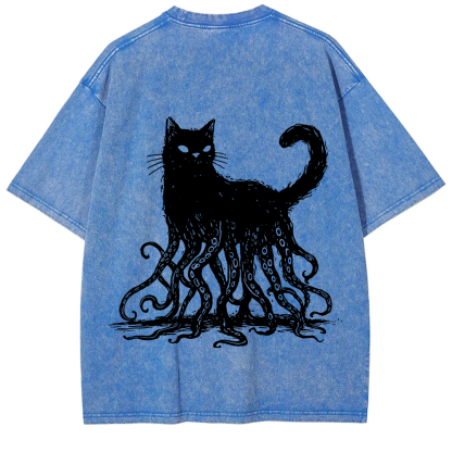 Unisex Vintage Washed Octopus And Black Cat Print T-Shirt