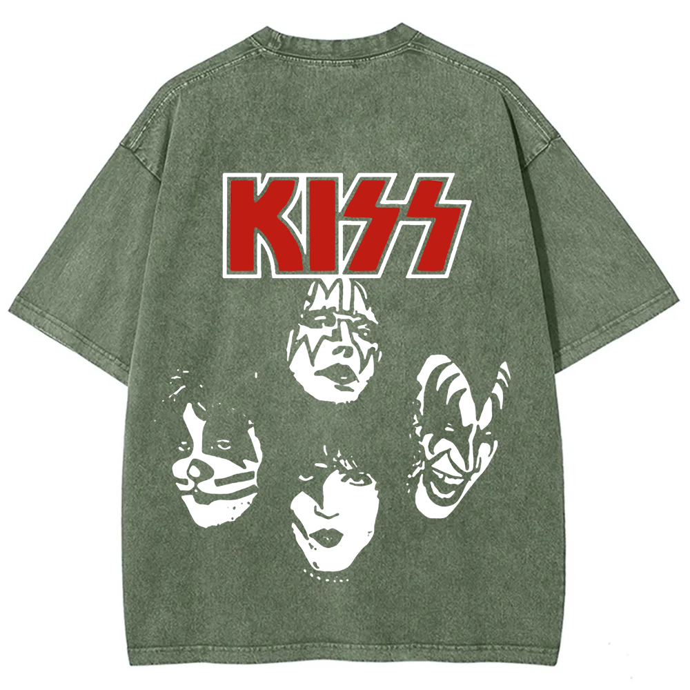 Unisex washed Kiss Rock Heavy Metal Band T-shirt