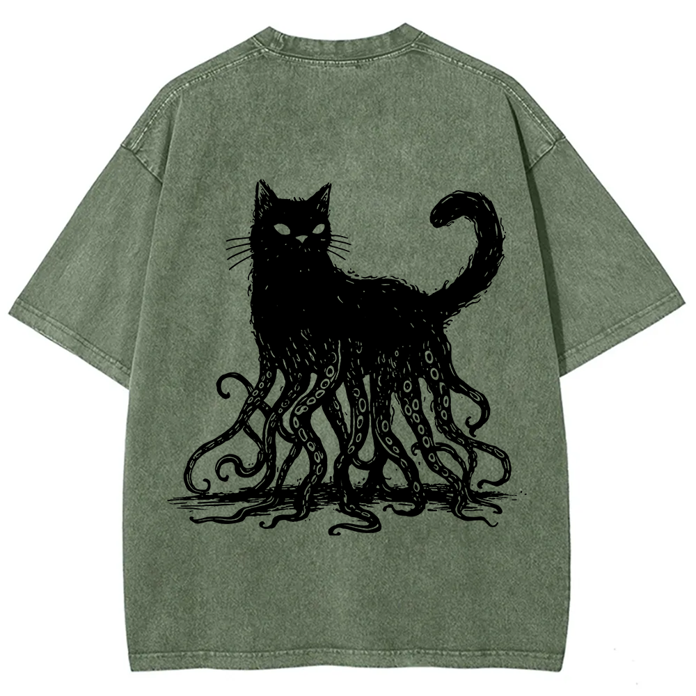 Unisex Vintage Washed Octopus And Black Cat Print T-Shirt