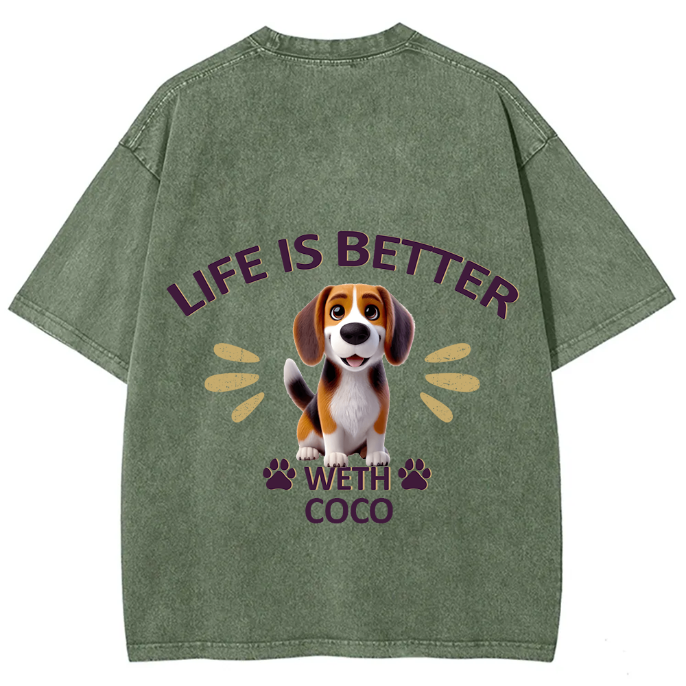 Better Life With My Dog- Personalized Custom Unisex Fit Washed T-Shirt wearishow