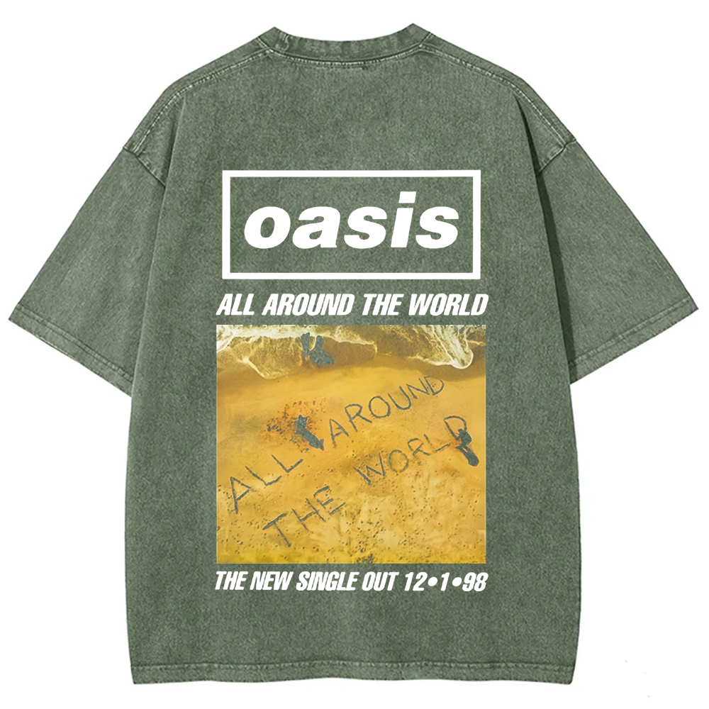 Unisex Vintage Washed Oasis Band All Around the World  t-Shirt