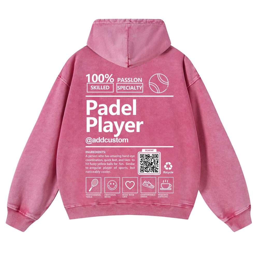 Padel player Addcustom QR Code Casual Washed Hoodie wearishow