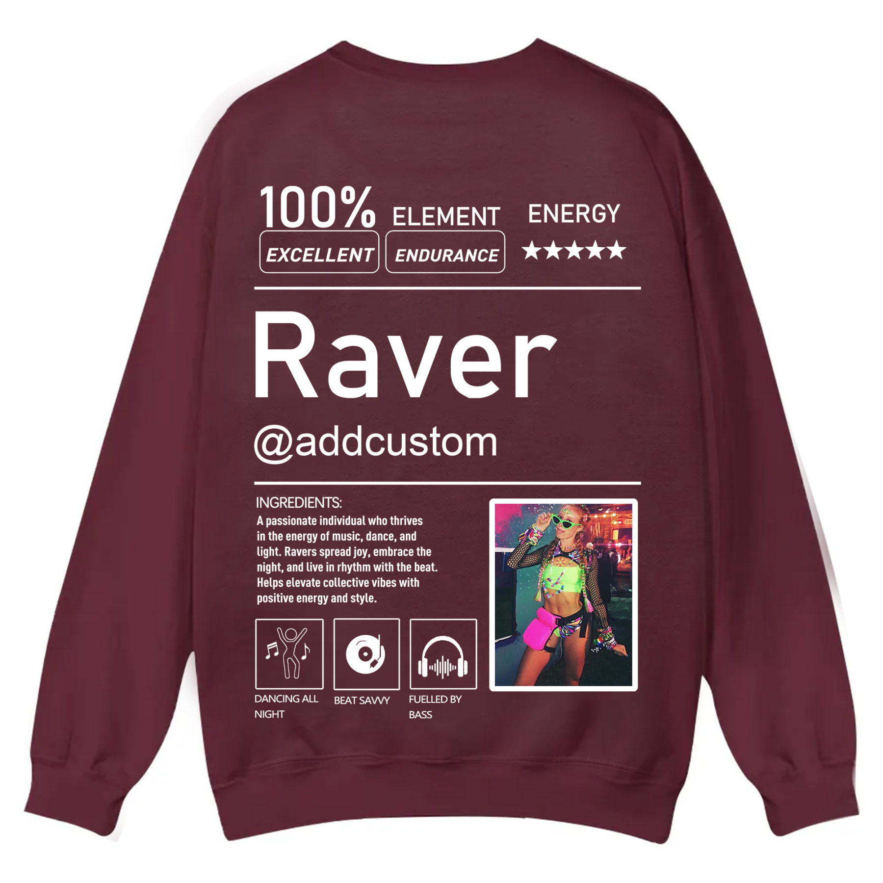 Addcustom  Photo Raver Casual Crewneck Sweatshirt wearishow