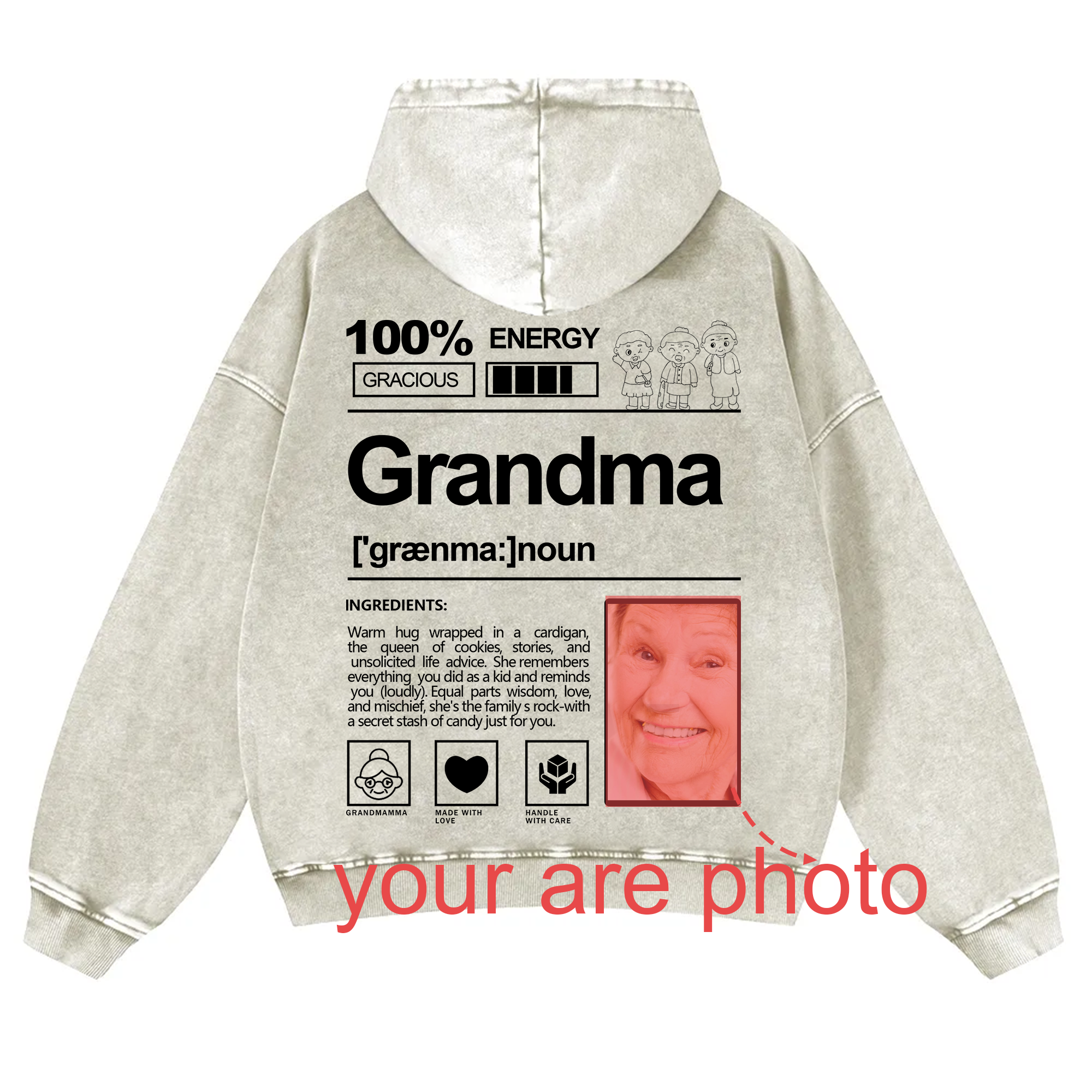 Addcustom Photo Grandma Vintage Washed Hoodie