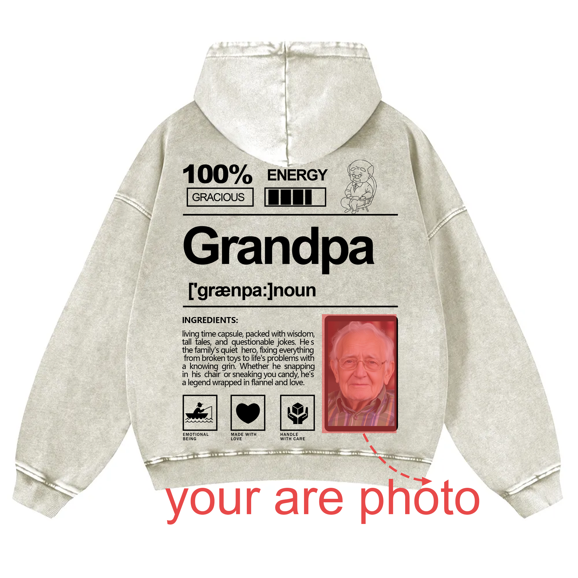 Addcustom Photo Grandpa Vintage Washed Hoodie