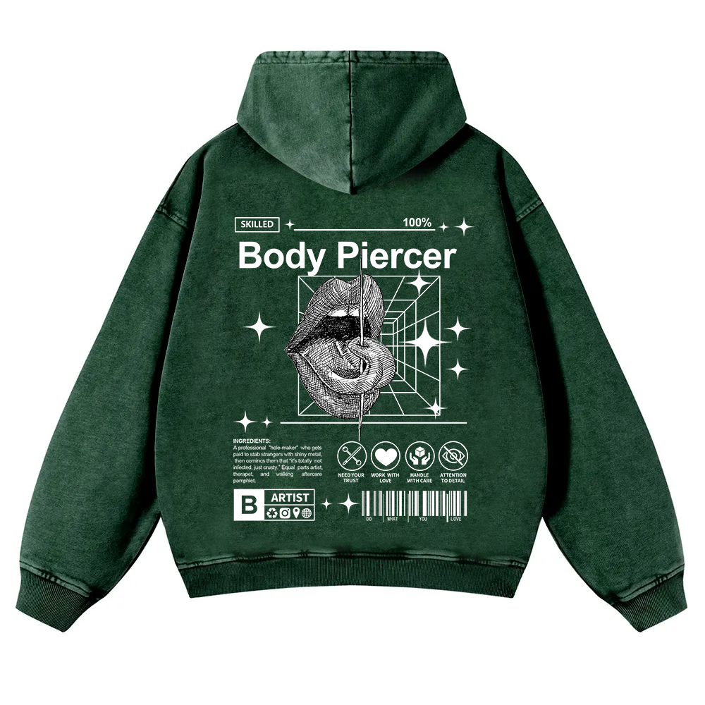 Body Piercer Casual Washed Hoodie wearishow