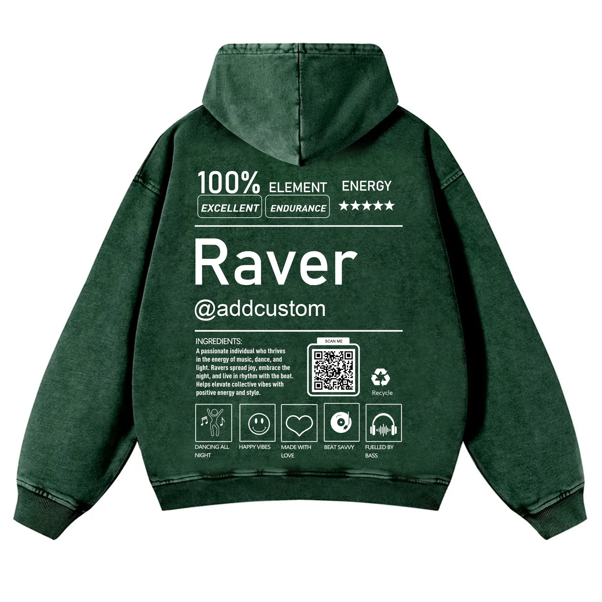 Addcustom QR Code Raver Casual Washed Hoodie wearishow
