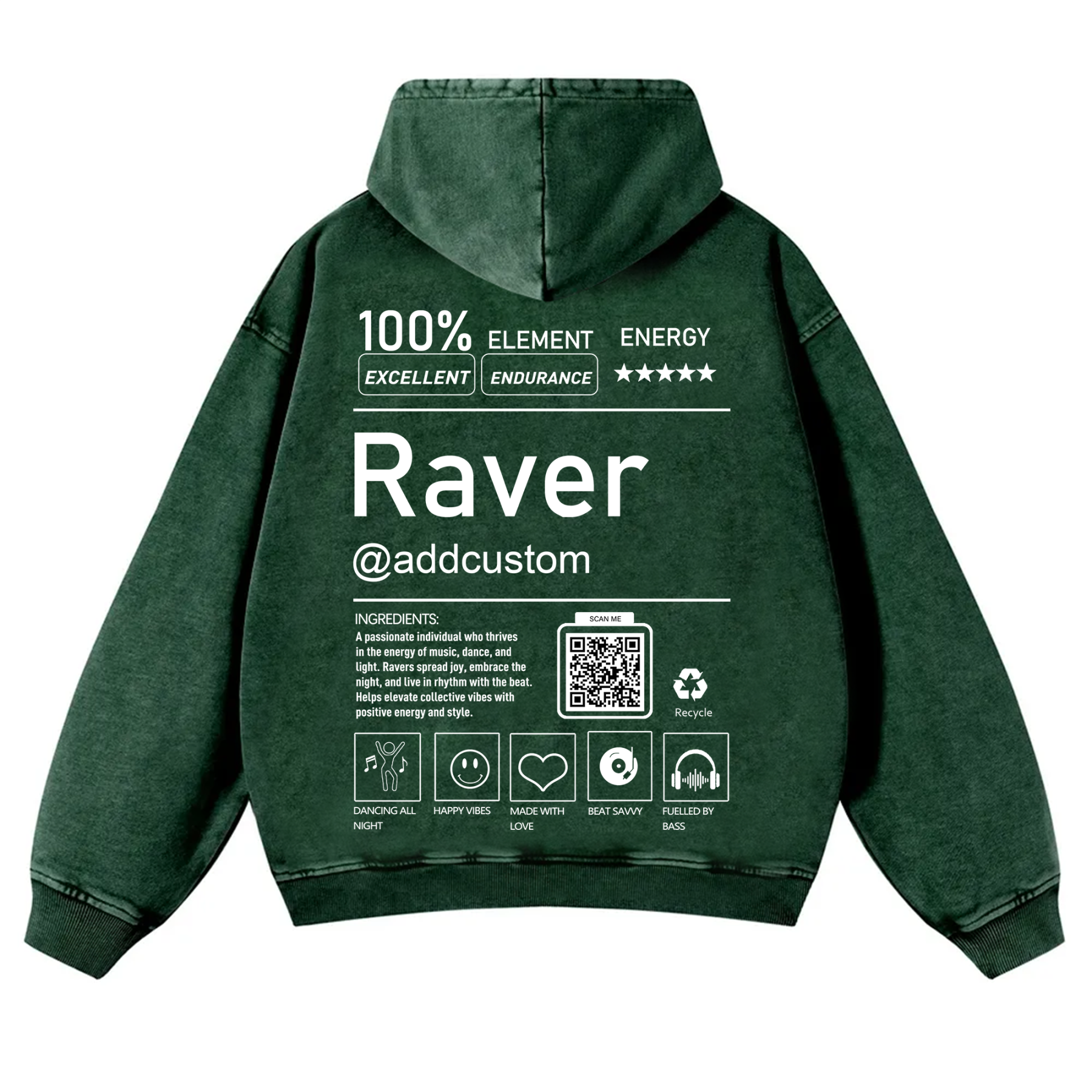 Addcustom QR Code Raver Casual Washed Hoodie wearishow