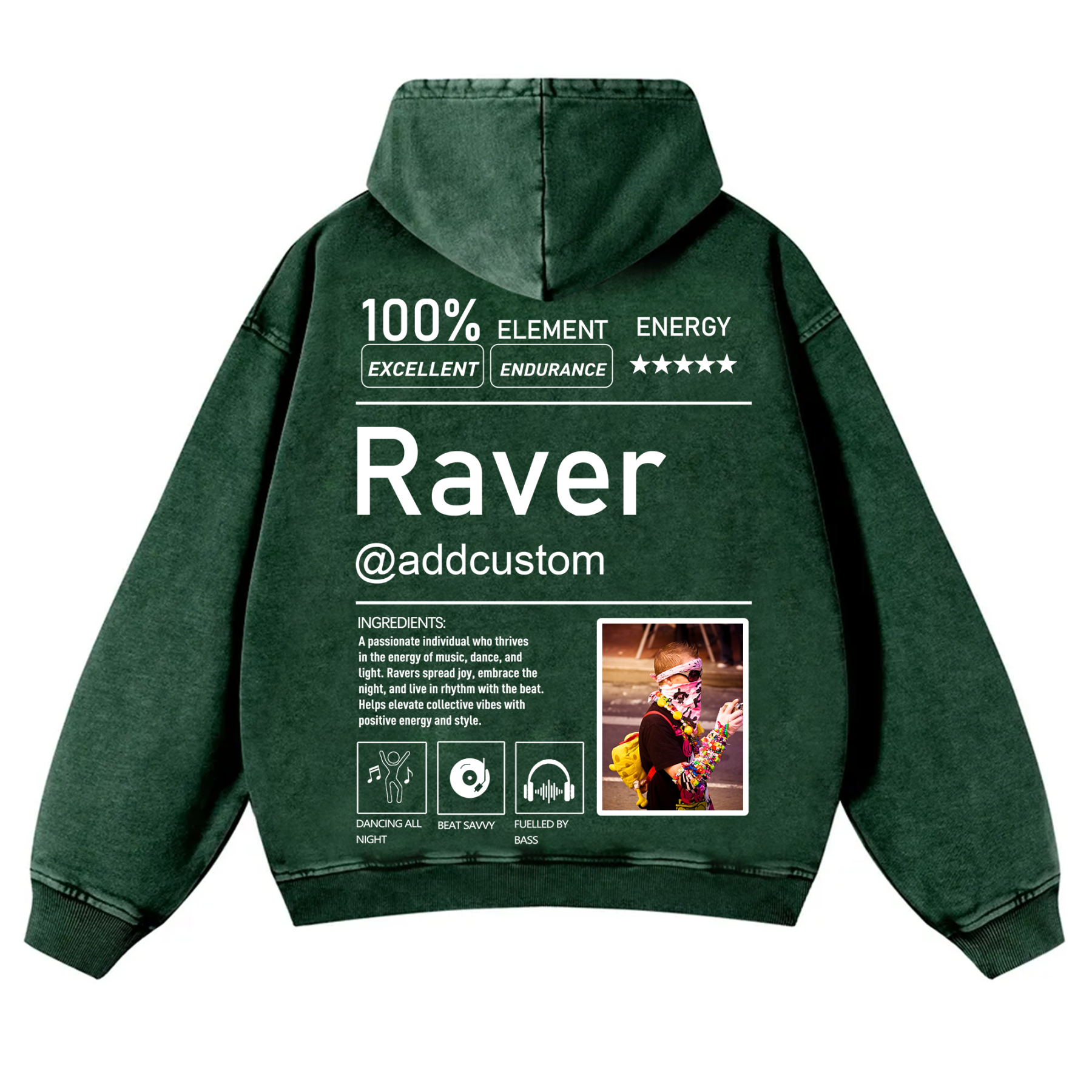 Addcustom  Photo Raver Casual Washed Hoodie wearishow