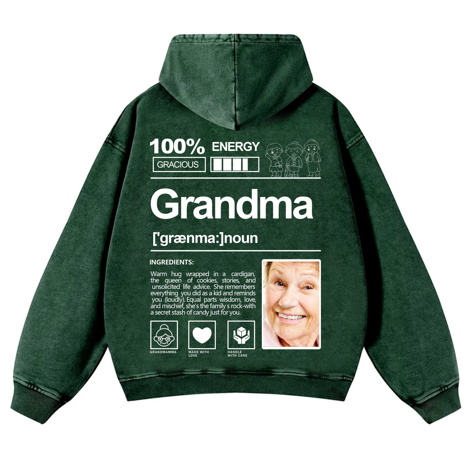 Addcustom Photo Grandma Vintage Washed Hoodie