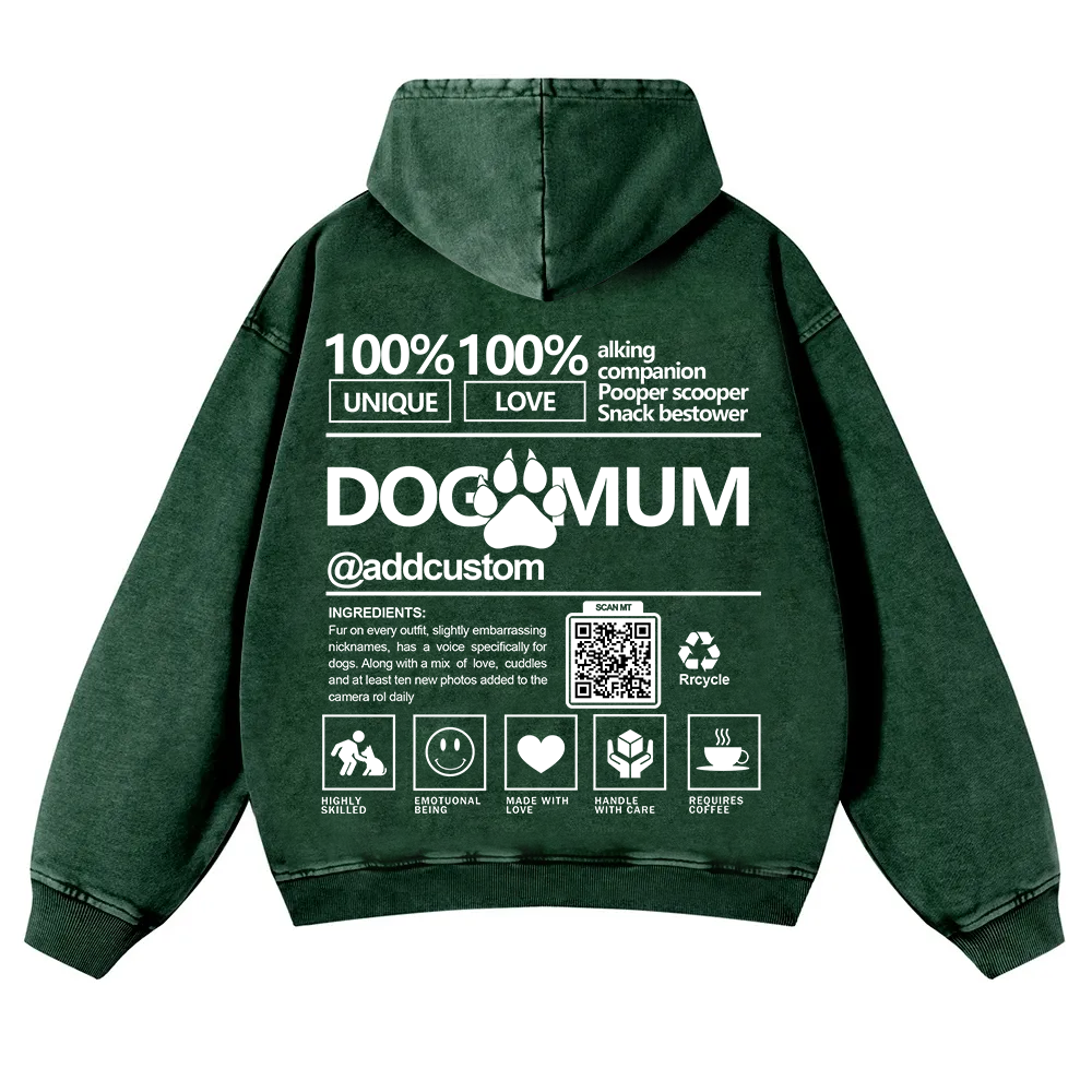 Dog Mum  Addcustom QR Code Name Casual Washed Hoodie