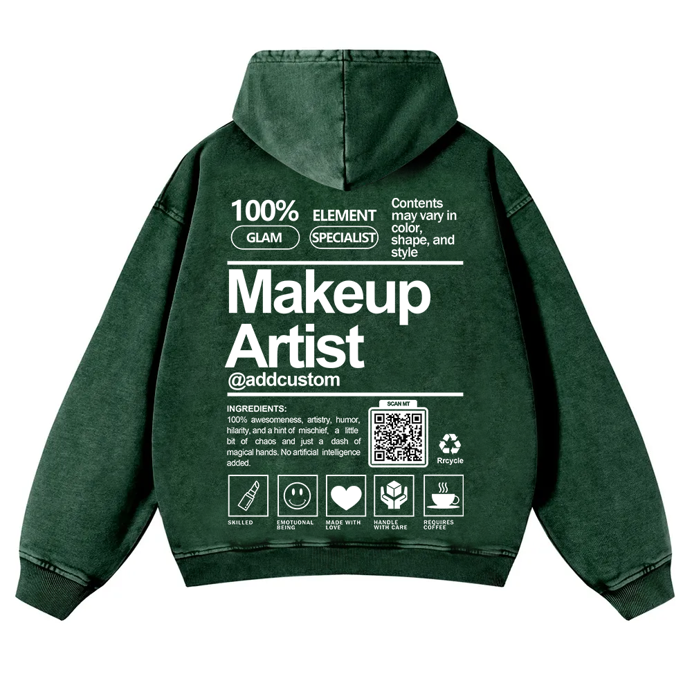 Wearishow Makeup Artist Addcustom QR Code Casual Washed Hoodie