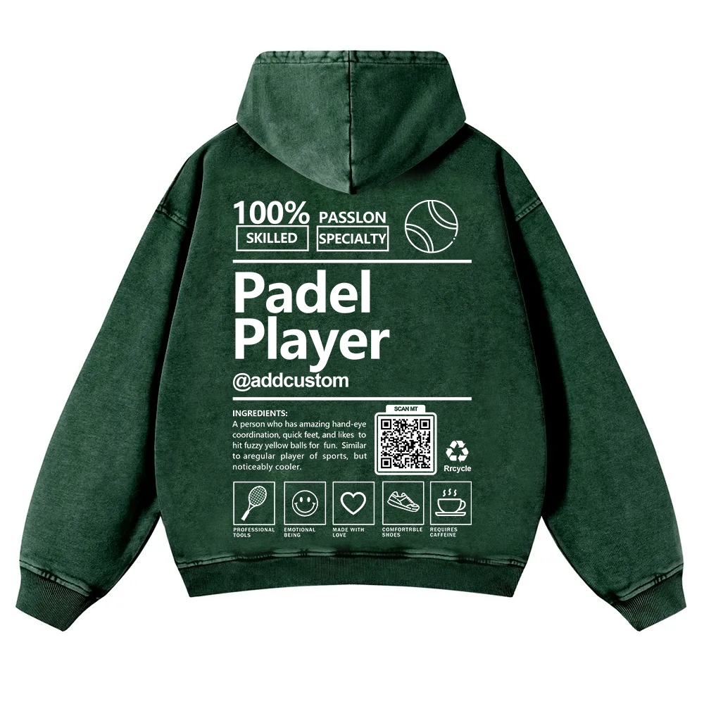Padel player Addcustom QR Code Casual Washed Hoodie wearishow