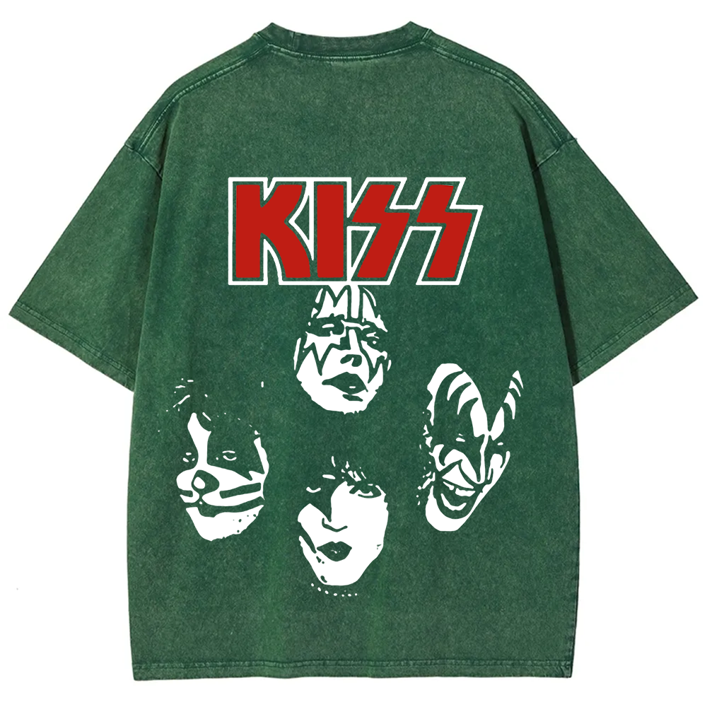 Unisex washed Kiss Rock Heavy Metal Band T-shirt
