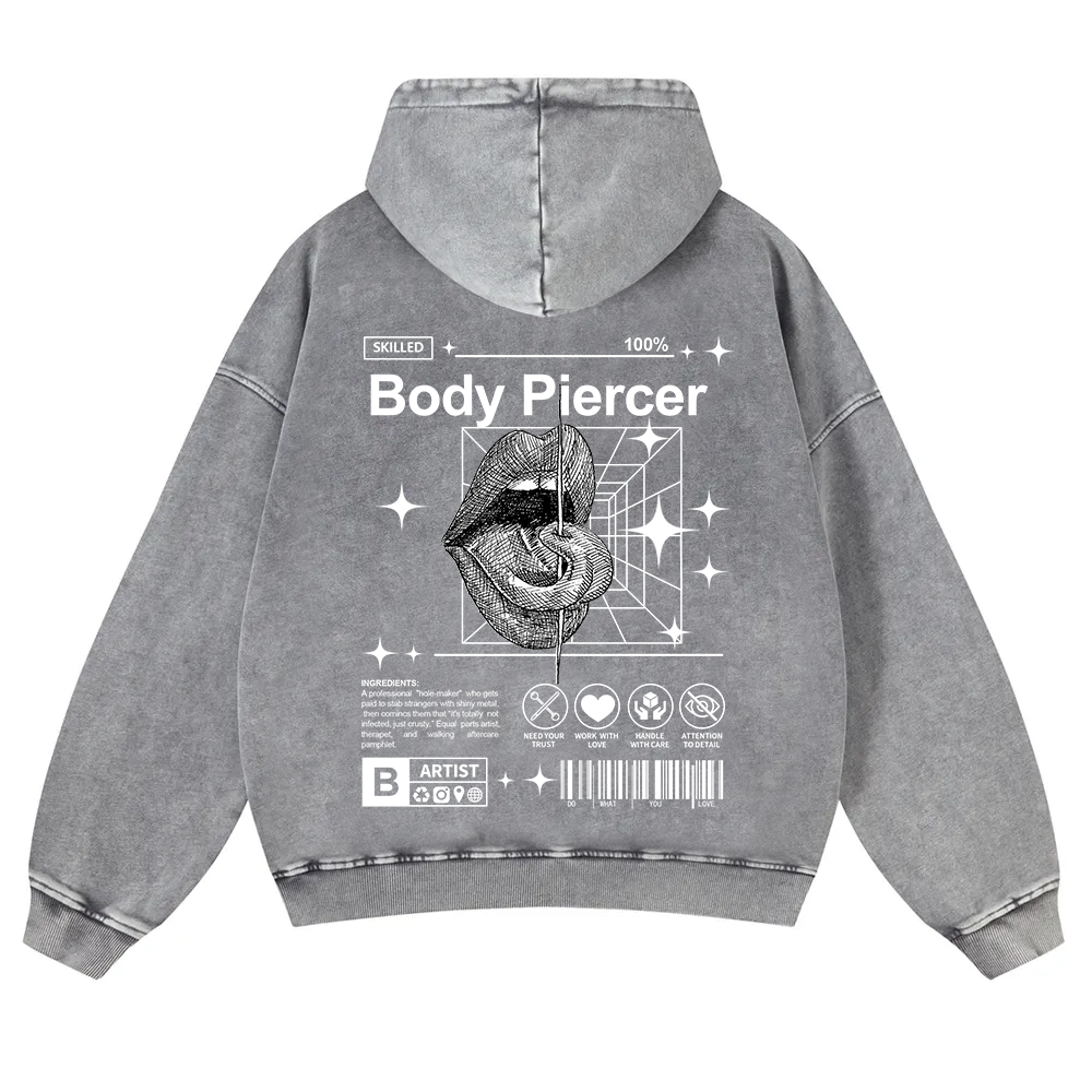 Body Piercer Casual Washed Hoodie wearishow