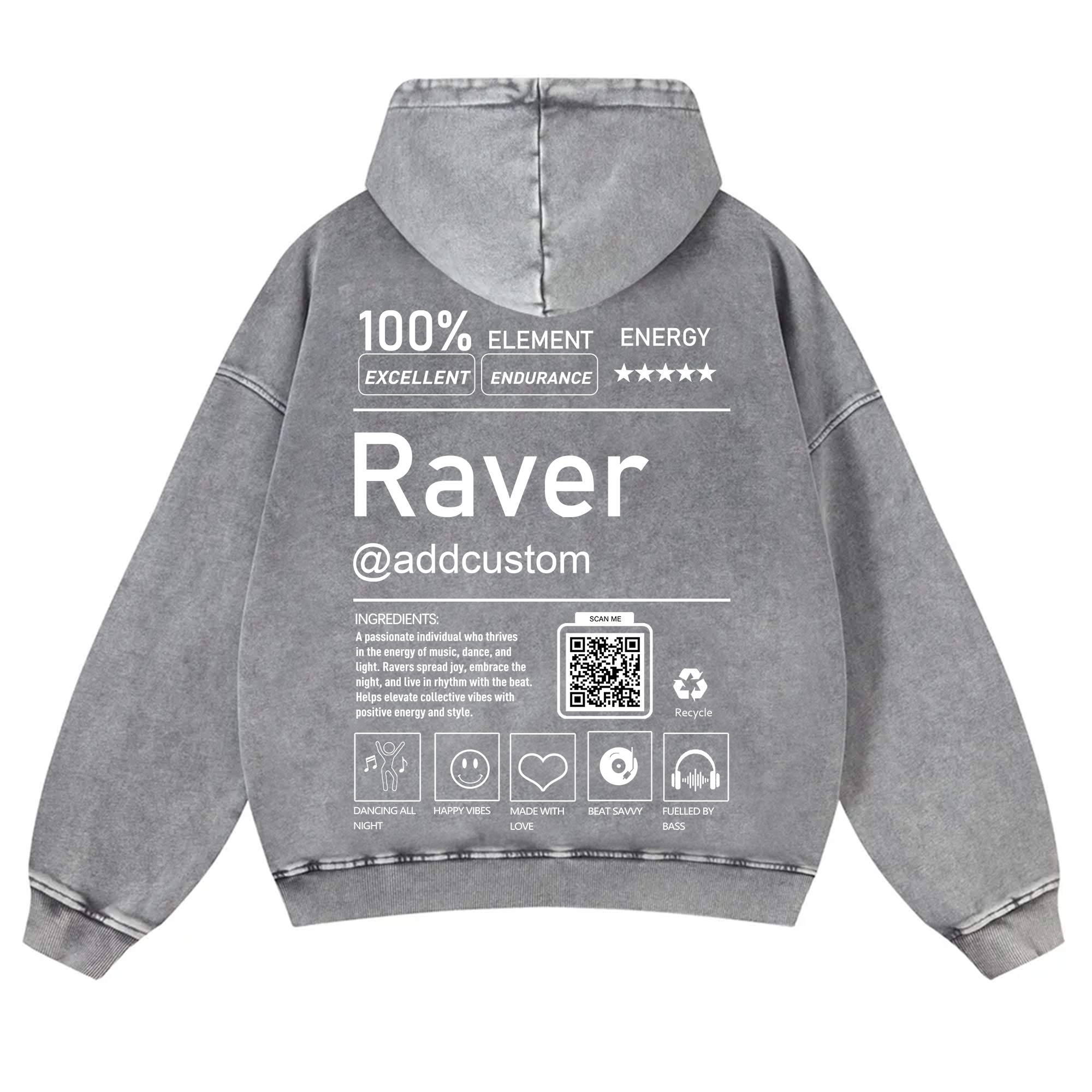 Addcustom QR Code Raver Casual Washed Hoodie wearishow