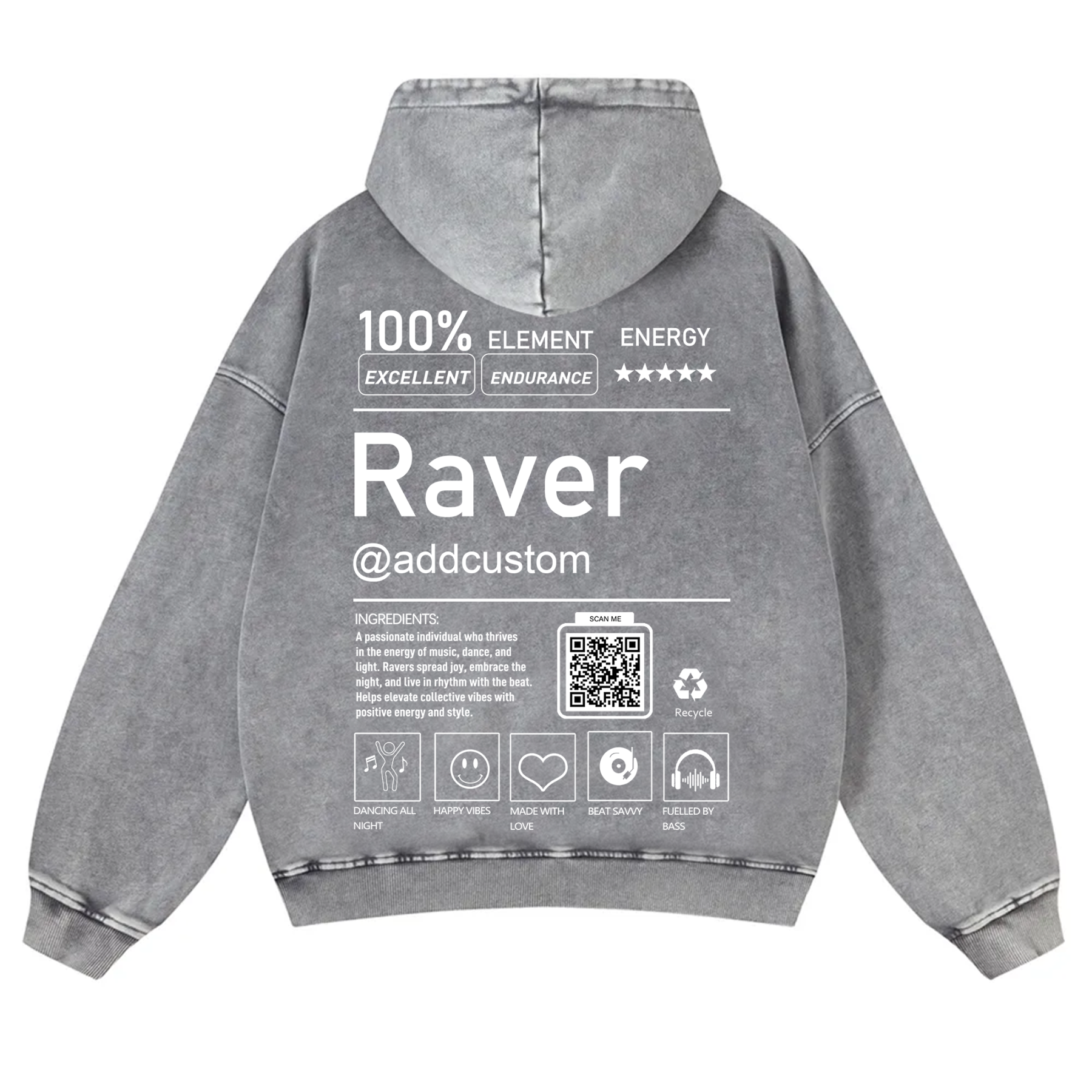 Addcustom QR Code Raver Casual Washed Hoodie wearishow
