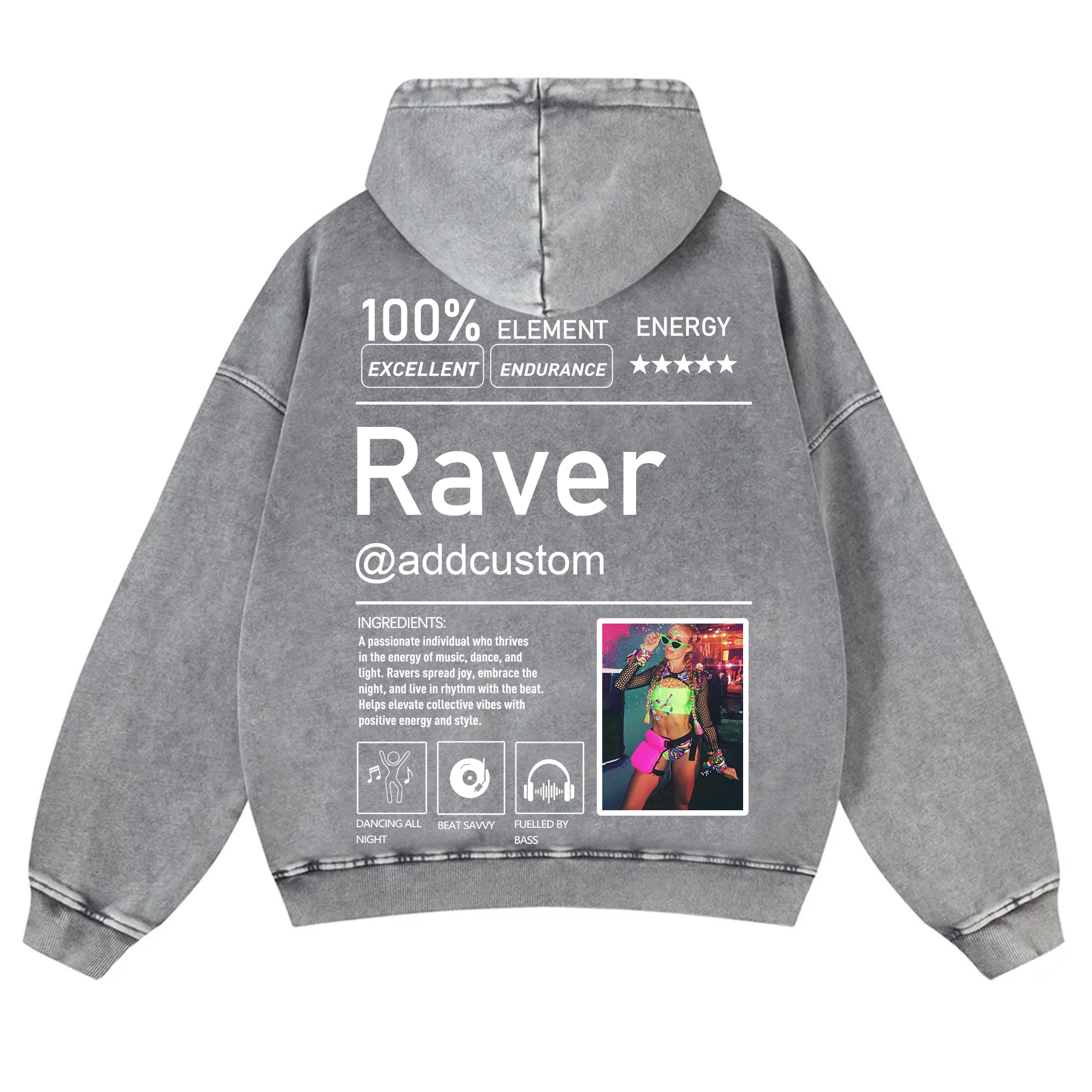 Addcustom  Photo Raver Casual Washed Hoodie wearishow