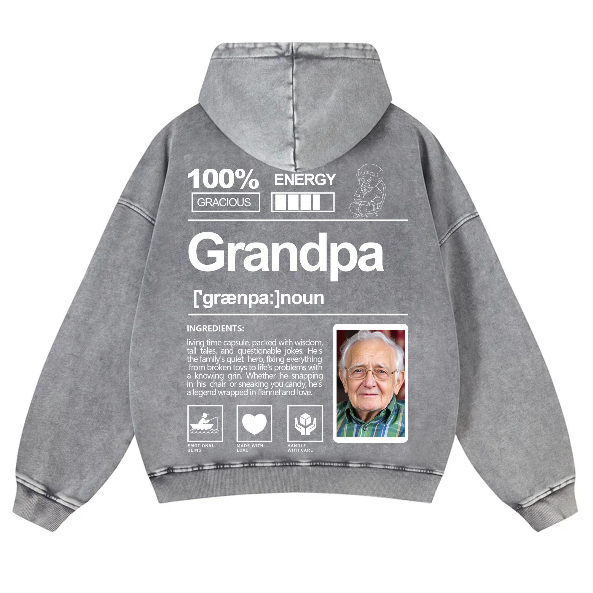 Addcustom Photo Grandpa Vintage Washed Hoodie