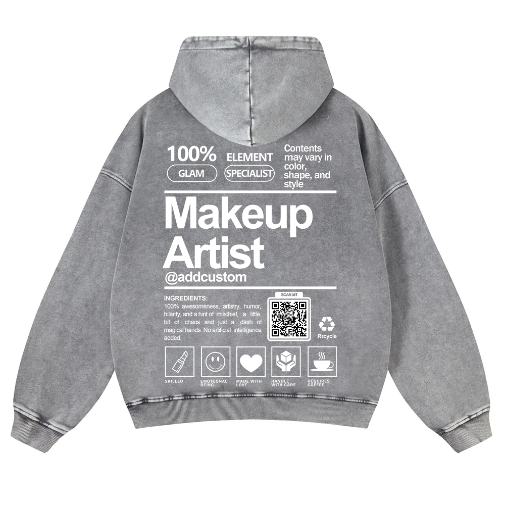 Wearishow Makeup Artist Addcustom QR Code Casual Washed Hoodie