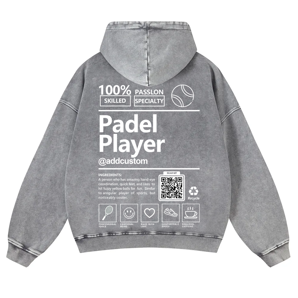 Padel player Addcustom QR Code Casual Washed Hoodie wearishow