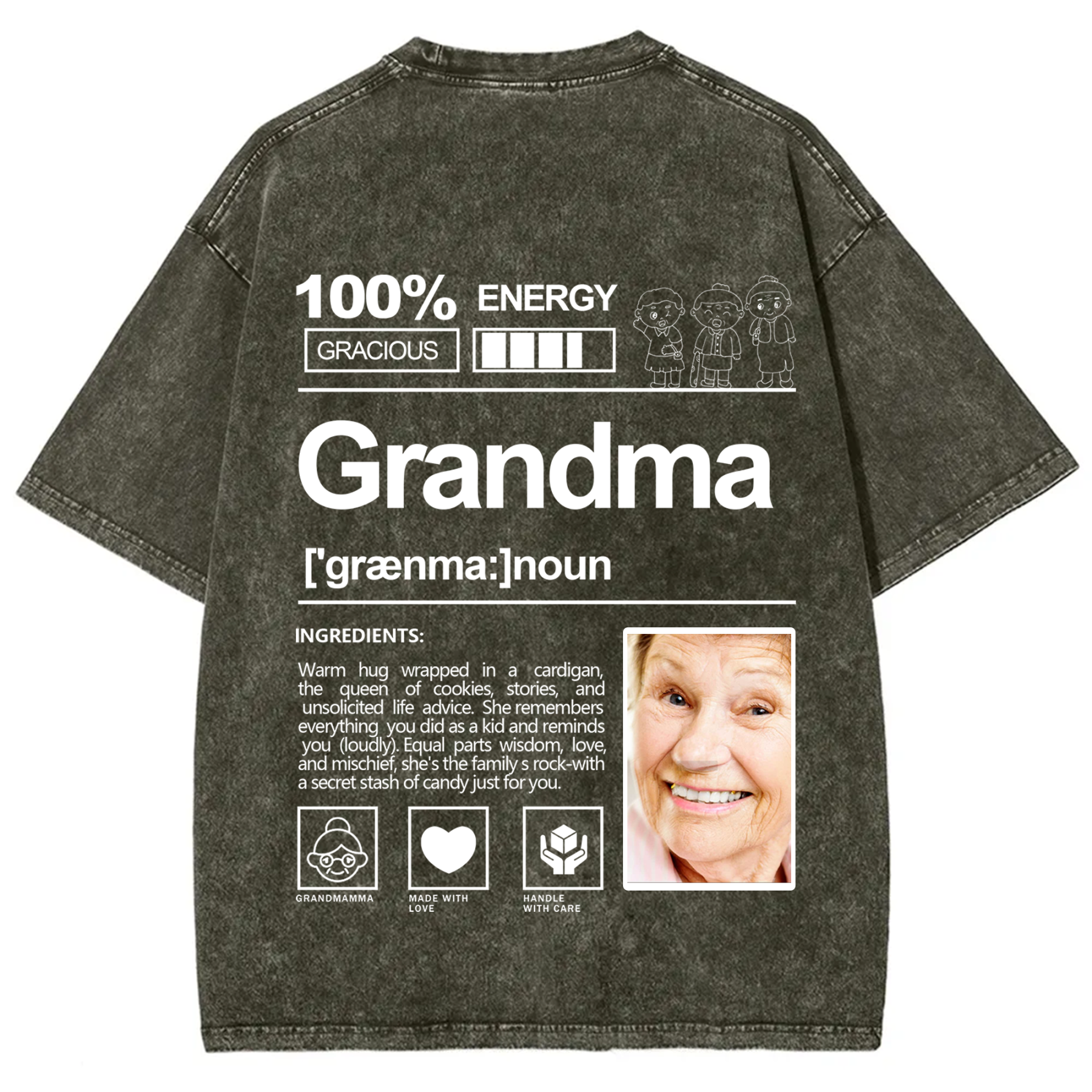 Addcustom Photo Grandma Washed T-Shirt