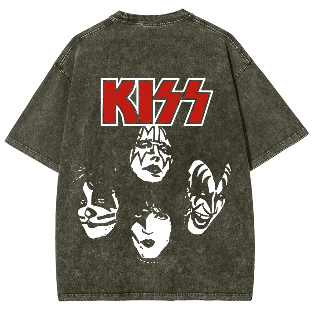 Unisex washed Kiss Rock Heavy Metal Band T-shirt
