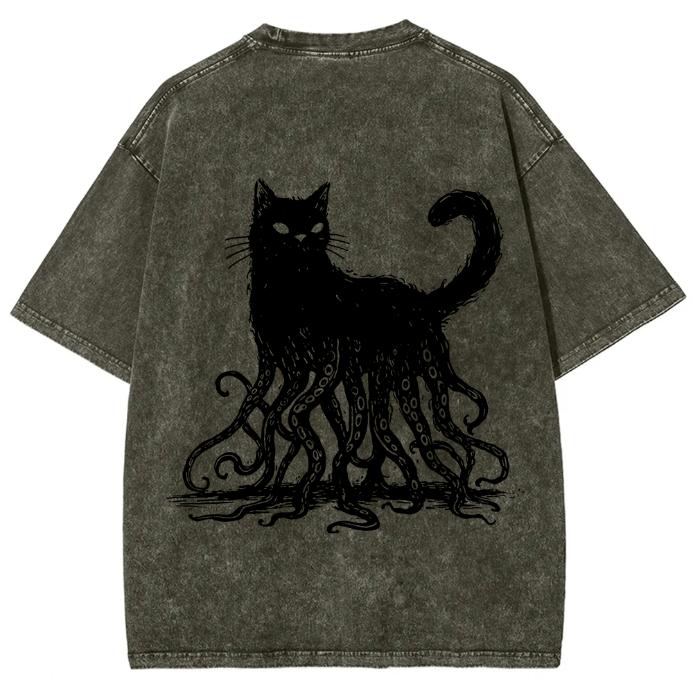 Unisex Vintage Washed Octopus And Black Cat Print T-Shirt