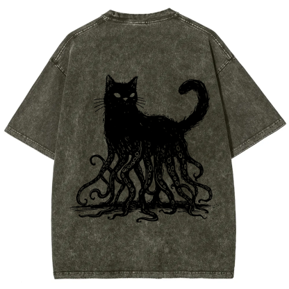 Unisex Vintage Washed Octopus And Black Cat Print T-Shirt
