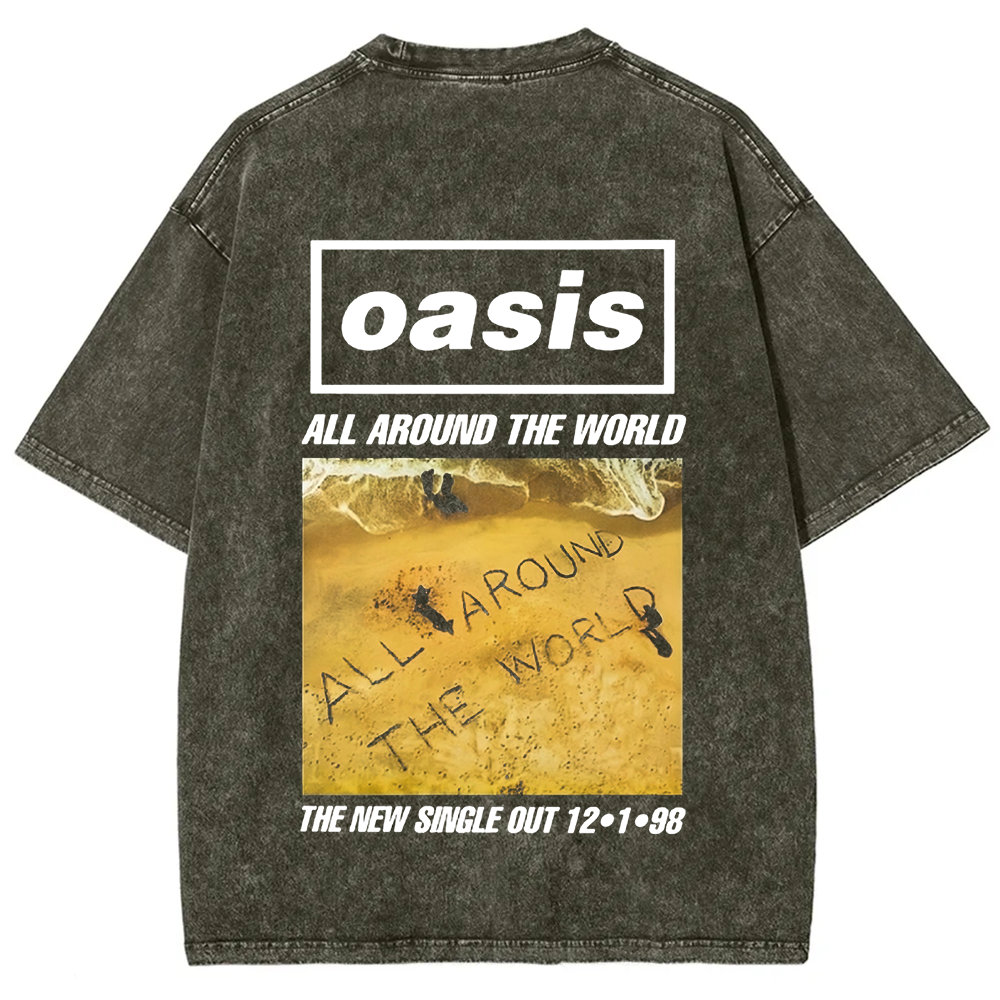 Unisex Vintage Washed Oasis Band All Around the World  t-Shirt
