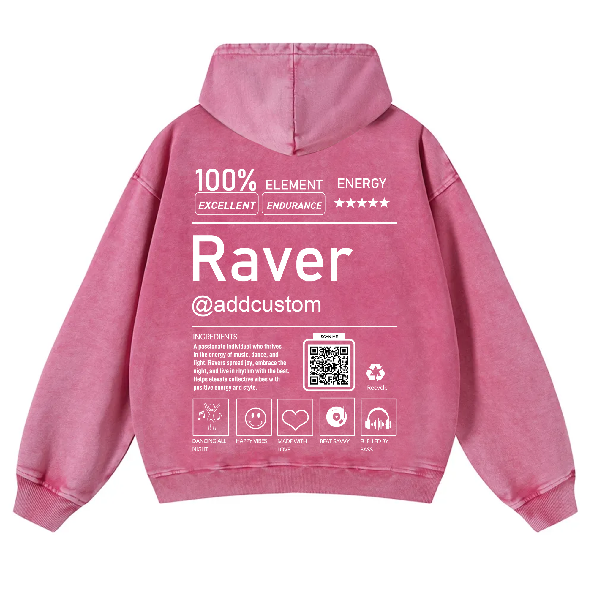 Addcustom QR Code Raver Casual Washed Hoodie wearishow