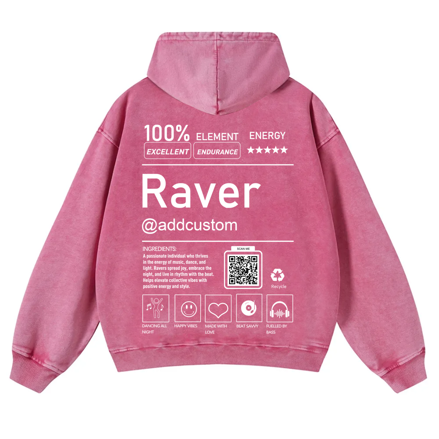 Addcustom QR Code Raver Casual Washed Hoodie wearishow