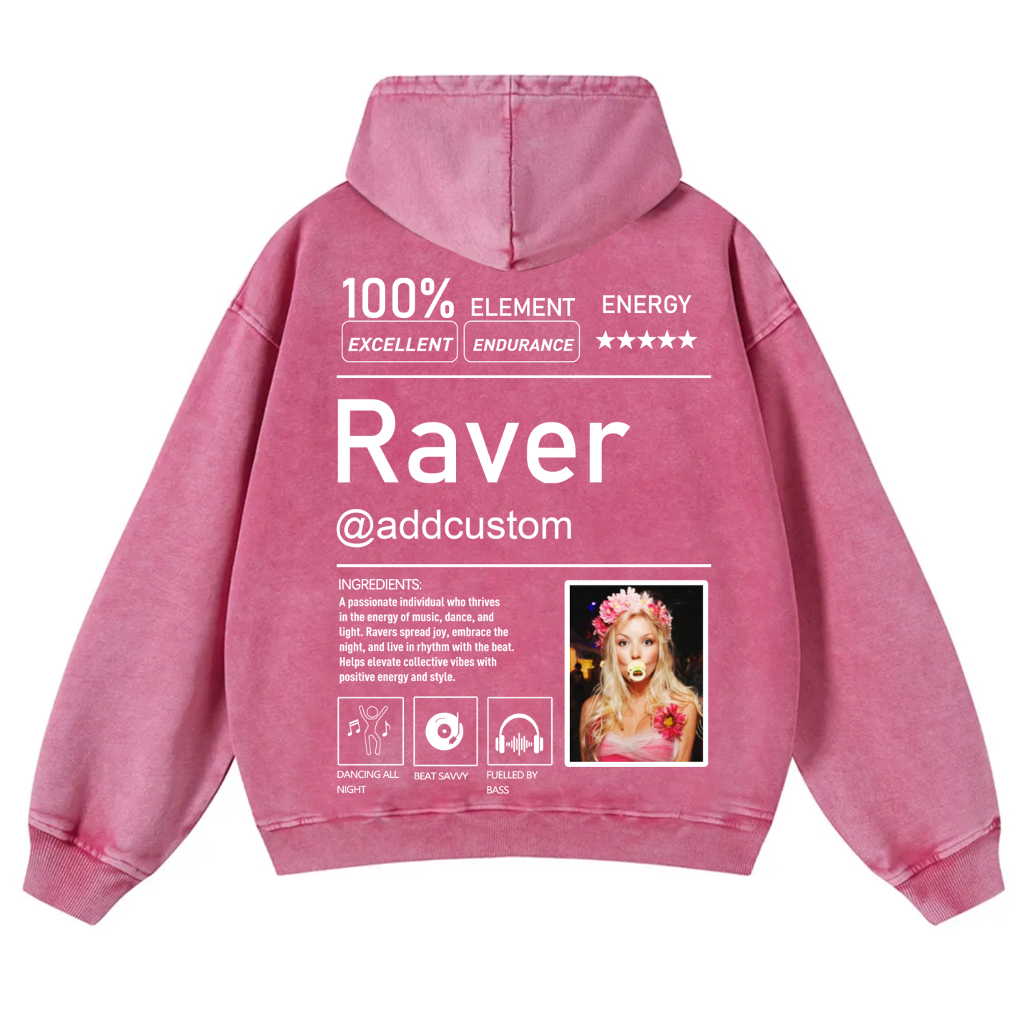 Addcustom  Photo Raver Casual Washed Hoodie wearishow