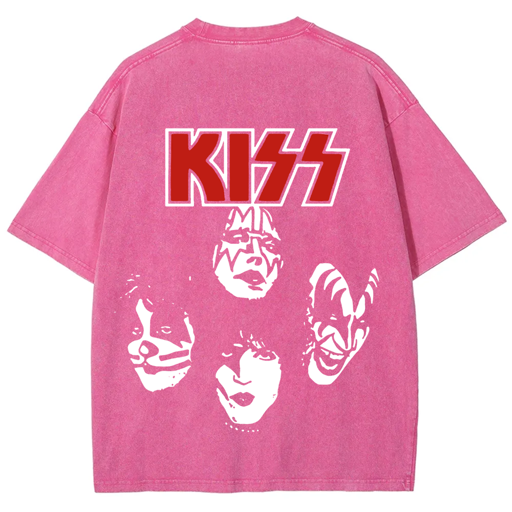 Unisex washed Kiss Rock Heavy Metal Band T-shirt
