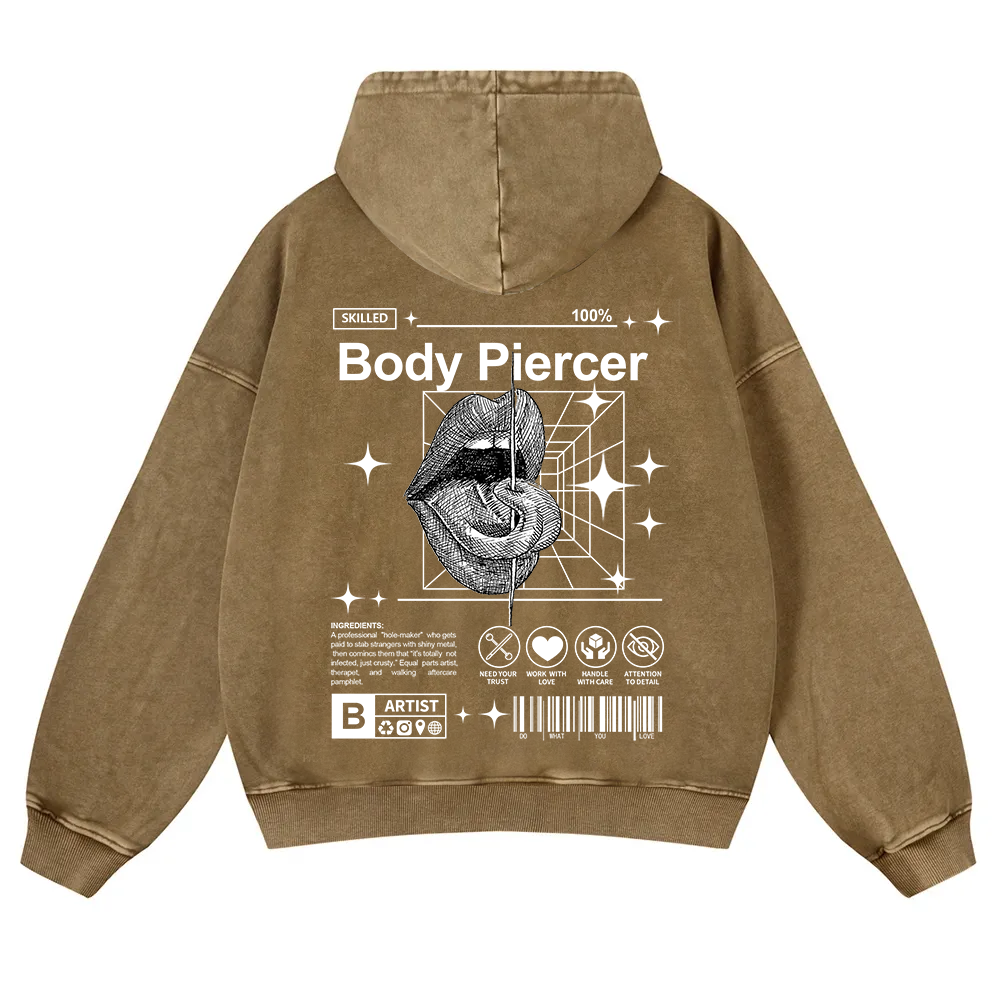 Body Piercer Casual Washed Hoodie wearishow