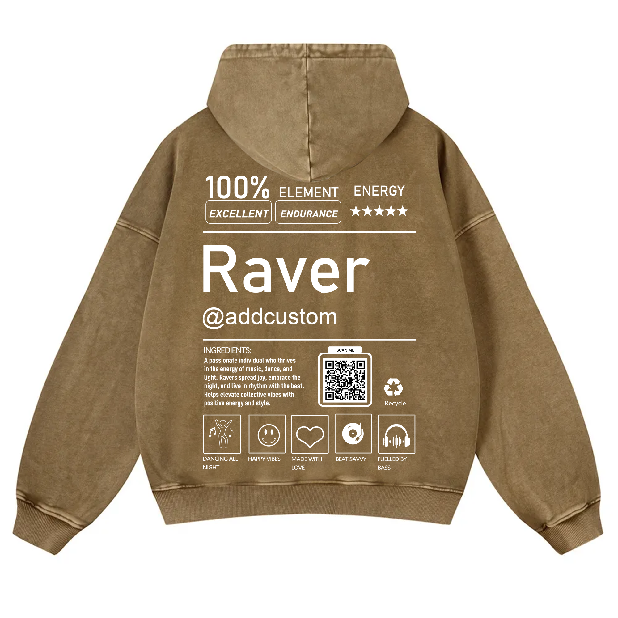 Addcustom QR Code Raver Casual Washed Hoodie wearishow