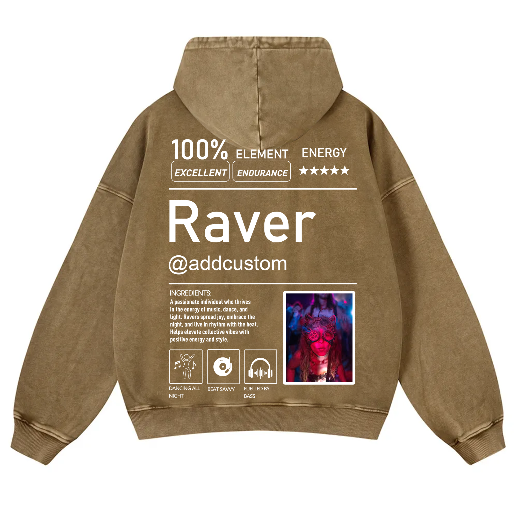 Addcustom  Photo Raver Casual Washed Hoodie wearishow