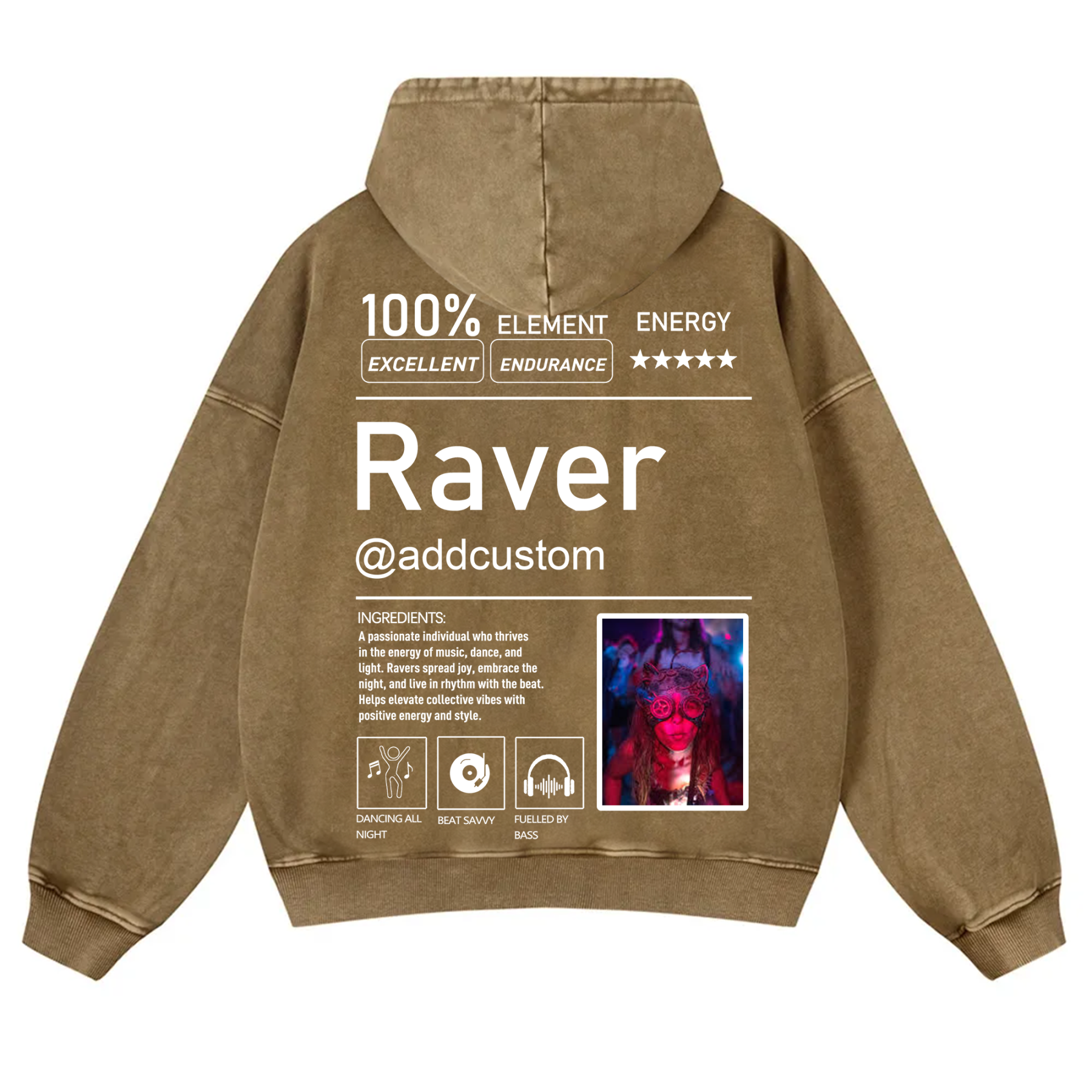 Addcustom  Photo Raver Casual Washed Hoodie wearishow