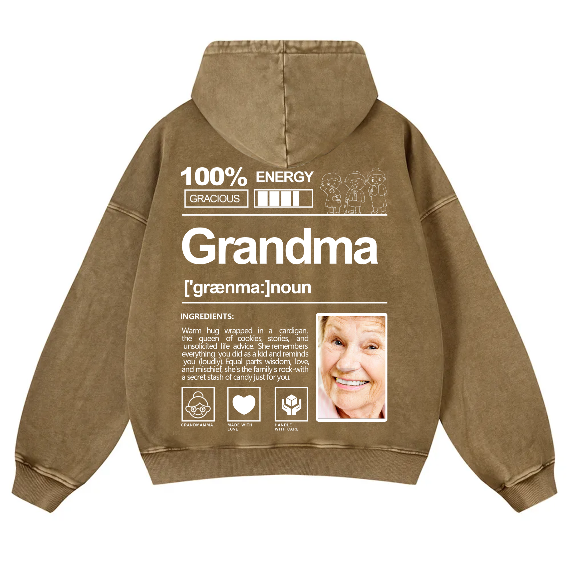 Addcustom Photo Grandma Vintage Washed Hoodie