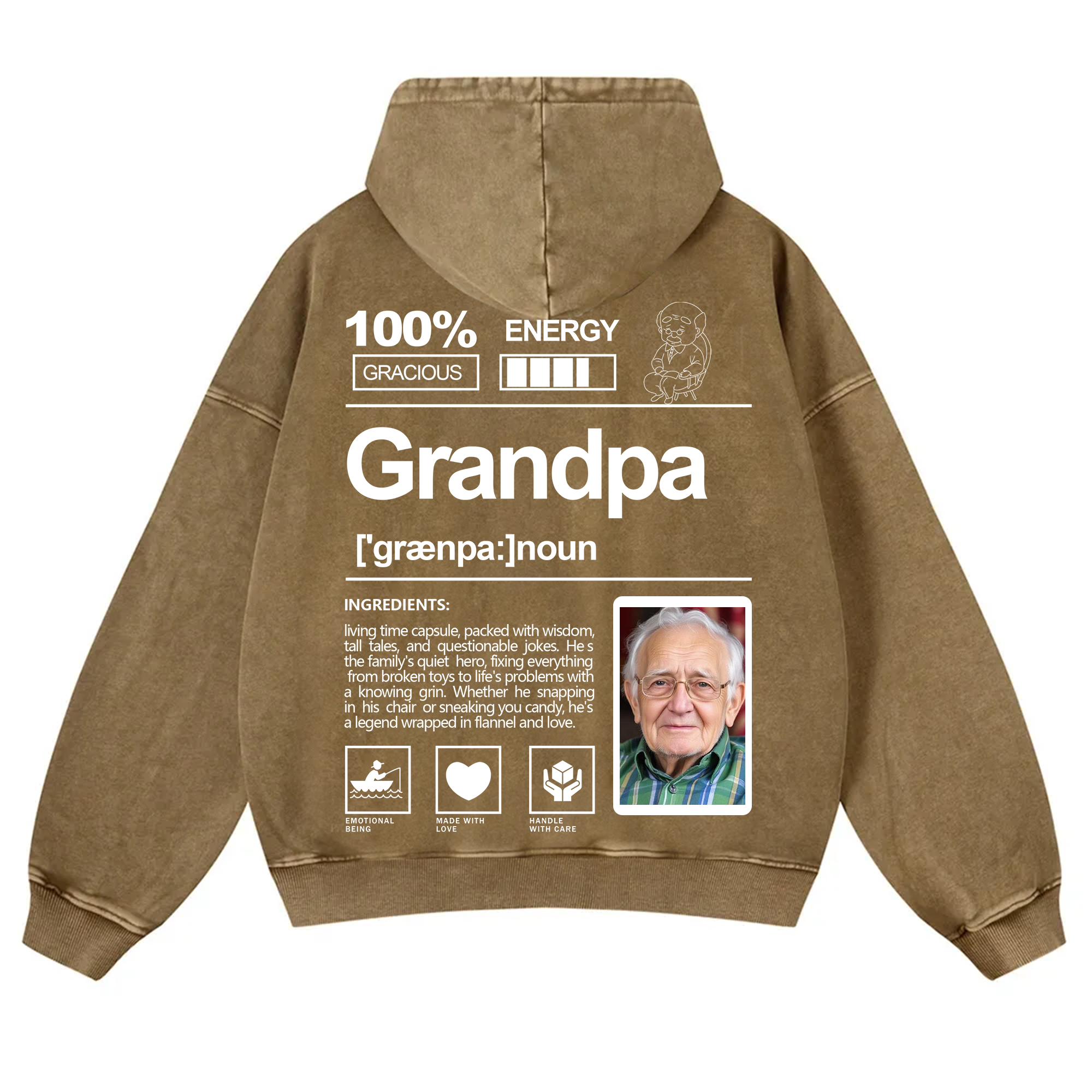 Addcustom Photo Grandpa Vintage Washed Hoodie