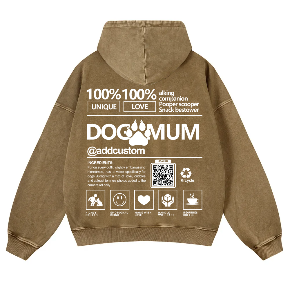 Dog Mum  Addcustom QR Code Name Casual Washed Hoodie