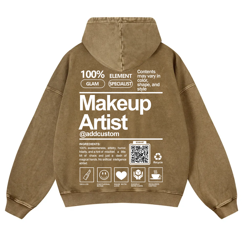 Wearishow Makeup Artist Addcustom QR Code Casual Washed Hoodie