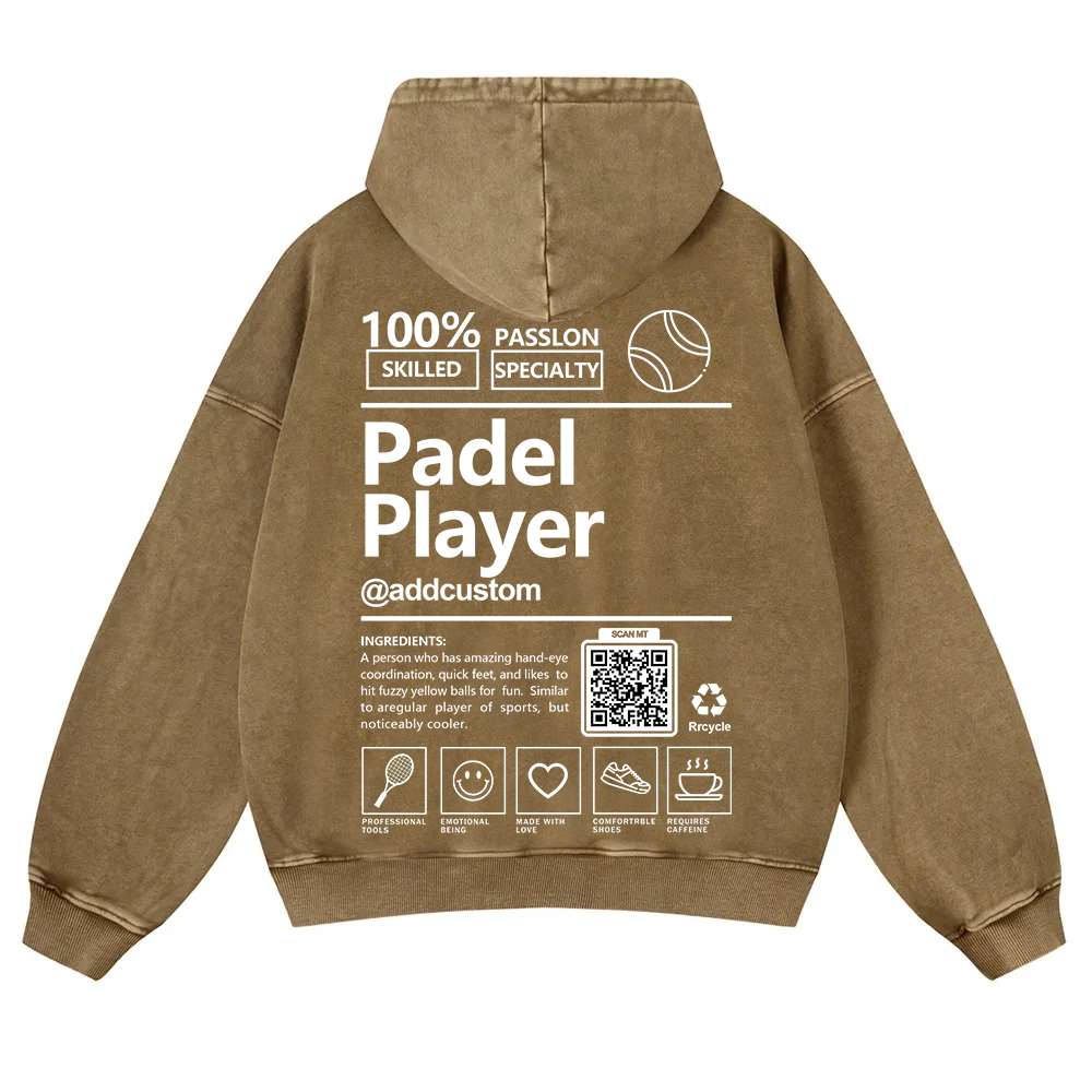 Padel player Addcustom QR Code Casual Washed Hoodie wearishow