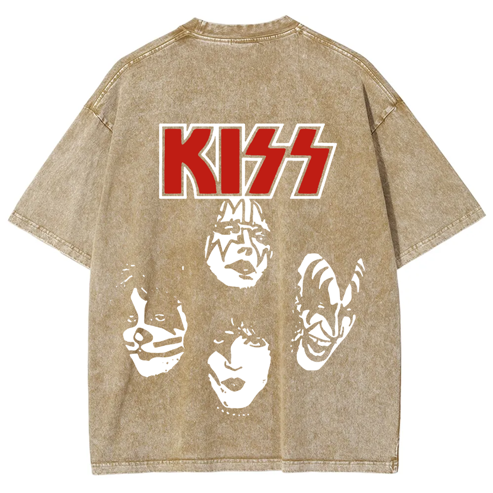 Unisex washed Kiss Rock Heavy Metal Band T-shirt